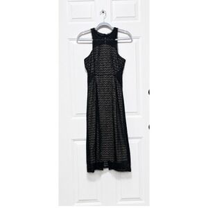 NSR Geometric Print Midi Dress Small Sleeveless Goth Black Taupe Career Chic